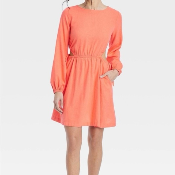 Universal Thread Coral Linen Blend Balloon Sleeve Mini Dress - Picture 1 of 10